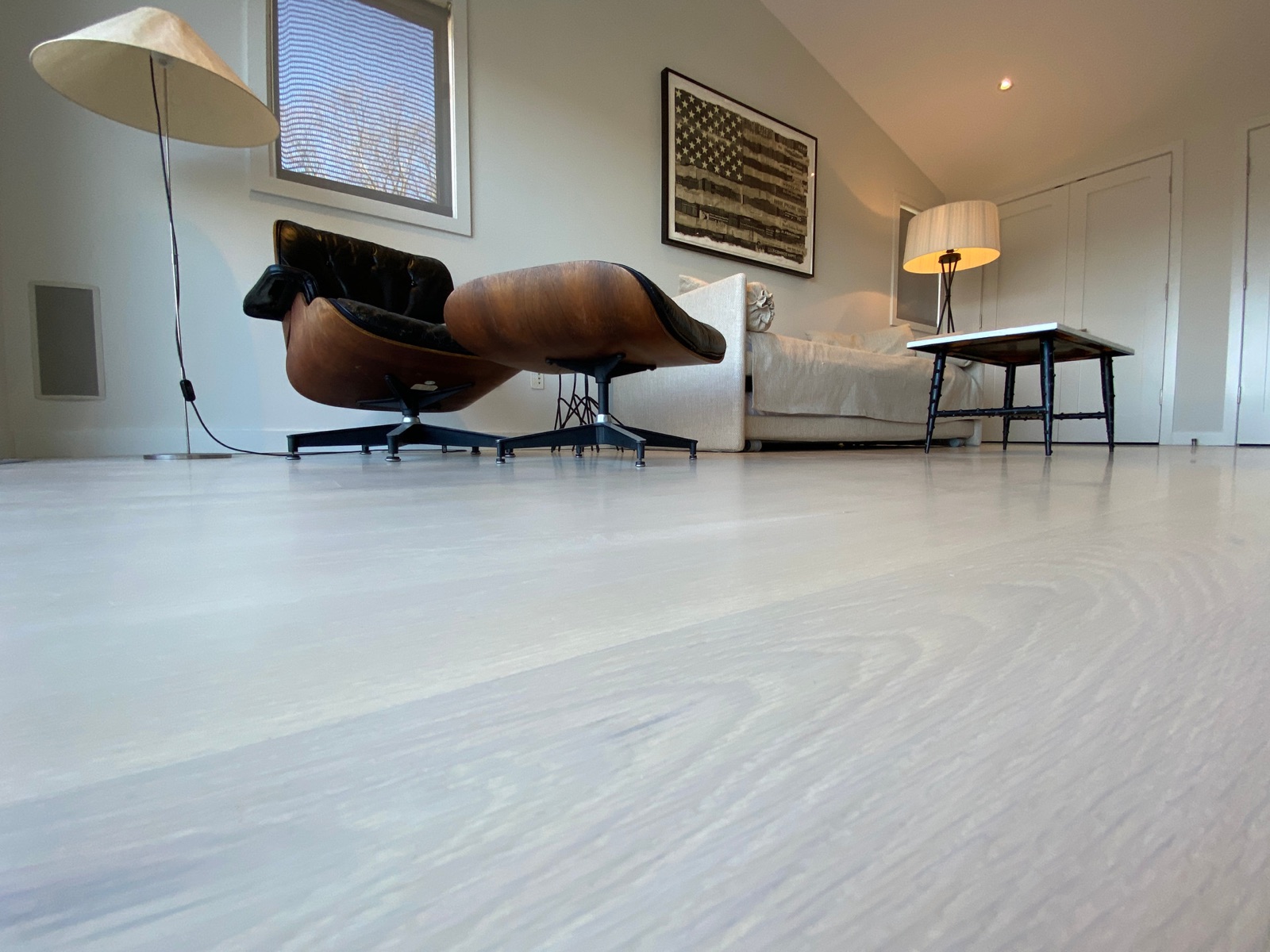 Whitewashed white oak in a loft bedroom