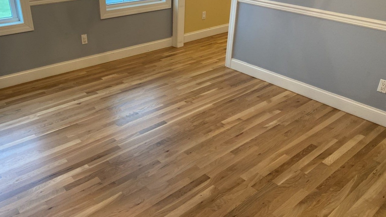 Mixed width white oak refinish across two rooms